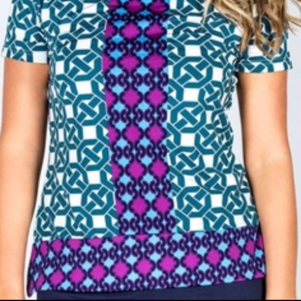Geometric Teal & Purple Block Short Sleeve Top M - Picture 2 of 4